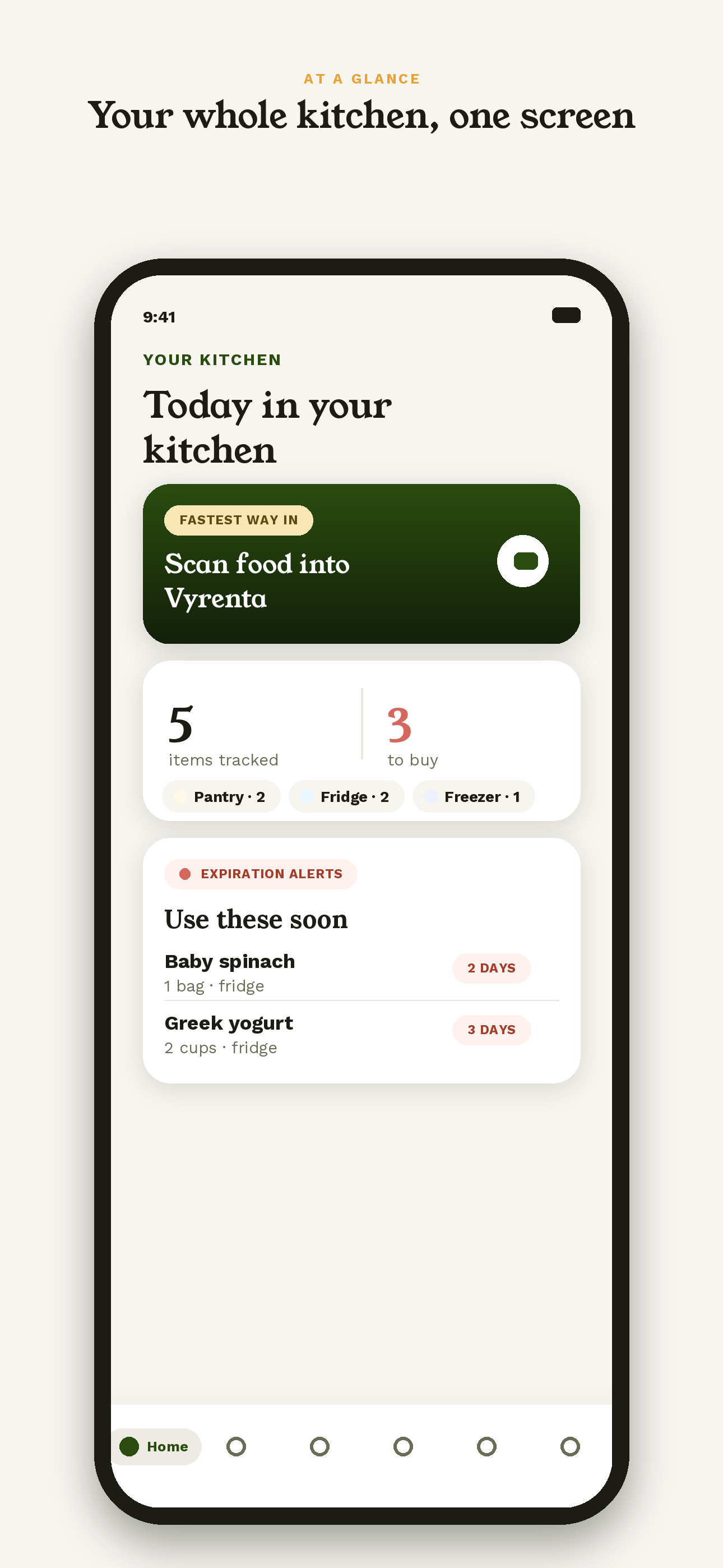 Vyrenta home screen showing items to use soon